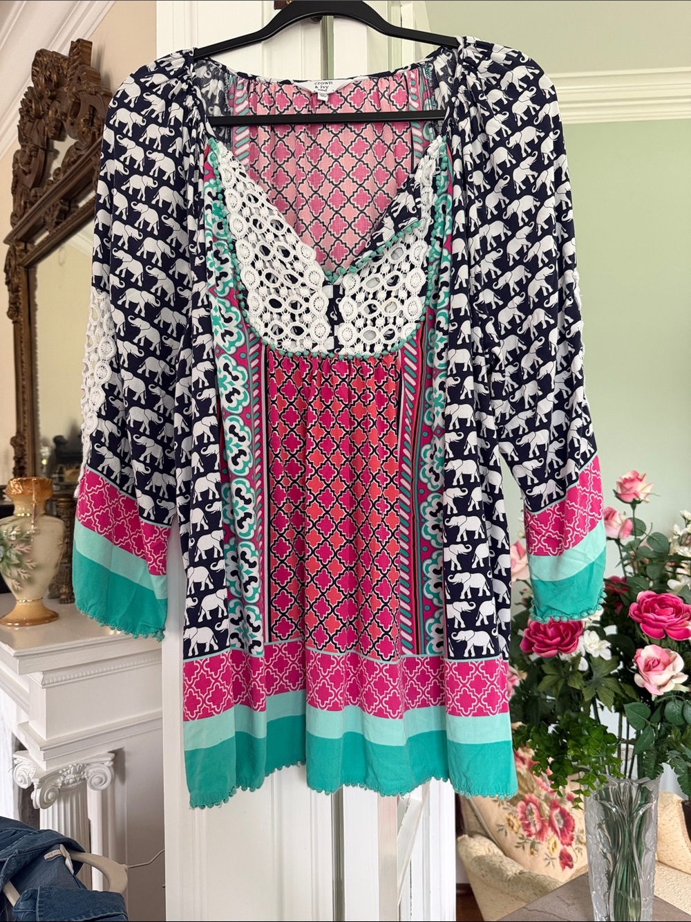 Crown & Ivy Boho Crochet-Trim Mixed Print Tunic Top - Pink/Teal/Navy, size 2X